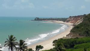 uma vista para uma praia com palmeiras e para o oceano em apartamento em jacumã- residencial granito x jasmim em Jacumã