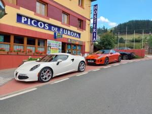 twee dure auto's geparkeerd voor een gebouw bij Hosteria Picos De Europa in Potes