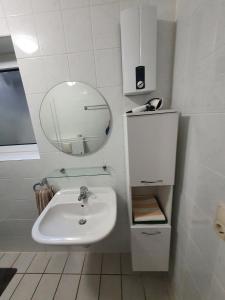 a bathroom with a sink and a mirror at Eifel Ferienwohnung Dahmen in Gerolstein