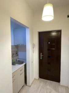 La salle de bains est pourvue d'un lavabo et d'une porte noire. dans l'établissement Centru charming new apartament piata universitate, à Bucarest