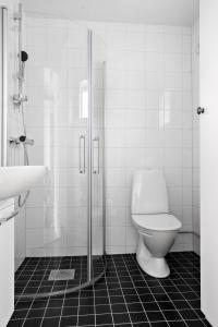 y baño con aseo, ducha y lavamanos. en Skärgårdsbyn Hotell, en Sankt Anna