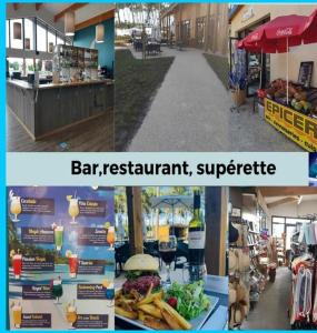 a collage of two pictures of a store with a bar restaurant and supermarket at Camping des Dunes de Contis mobilhome 3ch, in Saint-Julien-en-Born