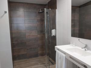 uma casa de banho com um chuveiro e um lavatório. em Micampus Burgos Centro em Burgos