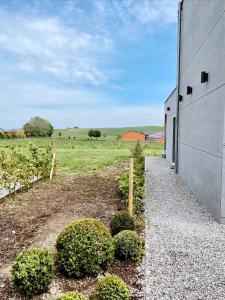 a gravel path next to a building next to a field at Le Nine, b&b au coeur de Falaën in Falaën