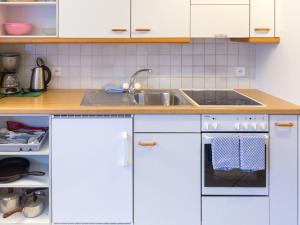 グリンデルワルトにあるApartment Chalet Abendrot-5 by Interhomeの白いキャビネットとシンク付きのキッチン
