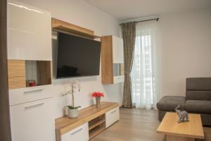a living room with a flat screen tv on the wall at Tampa View Kasper in Braşov