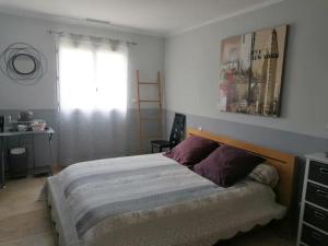 een slaapkamer met een groot bed en een raam bij Chambres d hôtes Chez Valérie et Bernard in Nissan-lez-Enserune