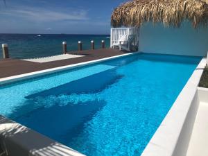 a swimming pool with the ocean in the background at Beach House Pietermaai in Historic Pietermaai District in Willemstad