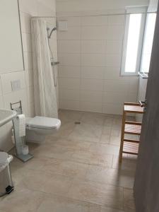 a bathroom with a toilet and a shower and a sink at Penthouse 34 -rollstuhlgerecht- in Oerlinghausen