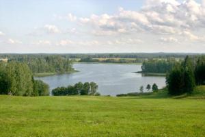 Blick auf einen großen See auf einem Feld in der Unterkunft Brīvdienu māja Vīteri in Biksinīki
