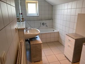 ein Badezimmer mit einem Waschbecken und einer Badewanne in der Unterkunft Ferienhäuser Schlossberg in Zandt