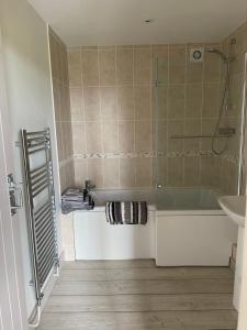 a bathroom with a shower and a tub and a sink at Bike Shed - Beautiful 1-Bed Cottage in Shorwell in Shorwell