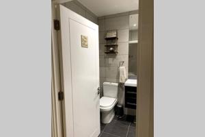 a bathroom with a toilet and a sink at Luxury 1 Bedroom Apartment with Netflix & Parking in Borehamwood