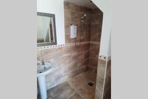 a bathroom with a shower and a sink at The Loft at Rock Cottage with hot tub in Garvagh