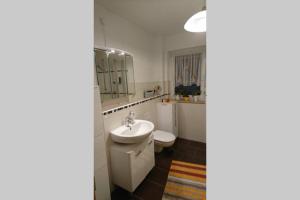 a white bathroom with a sink and a toilet at Ferienwohnung Schwedt Kastanienhöfe in Schwedt +17 photos