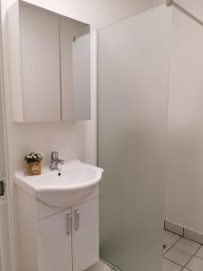 a white bathroom with a sink and a shower at 300 meter walk to Lego house - Door 9 in Billund