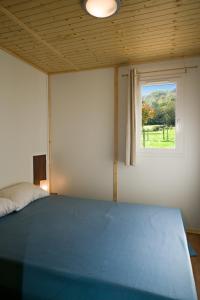 a bedroom with a blue bed and a window at Village de Gite - La Cascade in Sainte-Eulalie-dʼOlt