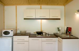Sainte-Eulalie-dʼOltにあるVillage de Gite - La Cascadeの白いキャビネットと白い電子レンジ付きのキッチンが備わります。