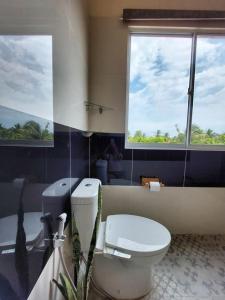 a bathroom with a toilet and two windows at Summerfield Homestay and Cafe in Pacitan +70 photos