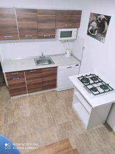 uma pequena cozinha com um fogão e um lavatório em Kamilla Vendégház em Sárospatak