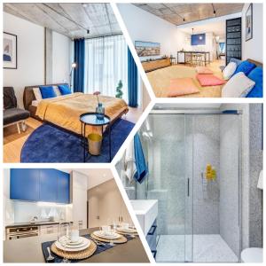 a collage of photos of a hotel room at HaPPy Inn GOLD Studio, self check-in, Parking in the underground garage in Vilnius