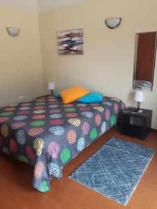 una camera da letto con un letto con un piumone colorato di Panoramic Ocean View House a Faial