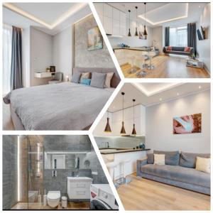 a collage of photos of a bedroom and a living room at HaPPy Inn Emporia, Self chek-in, Parking in the underground garage in Vilnius