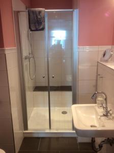 a shower with a glass door next to a sink at Komfort Appartment Hugo in Eckernförde