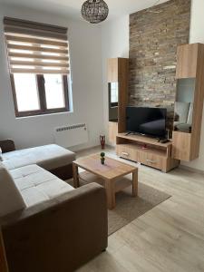 salon z kanapą i telewizorem w obiekcie Kraljevi Konaci -Apartmani Bajka w mieście Kopaonik