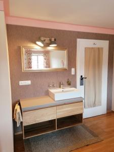 a bathroom with a sink and a mirror at Ferienhof Moyer in Höslwang