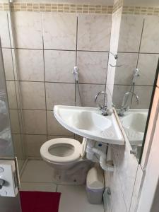 La salle de bains est pourvue d'un lavabo et de toilettes. dans l'établissement flat Luiz Carlos Mouzinho, à Teresina