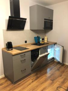 a kitchen with a sink and a stove top oven at 5 Wierchów Apartamenty in Bukowina Tatrzańska