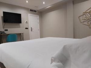 a white bedroom with a bed and a flat screen tv at Micampus Burgos Centro in Burgos