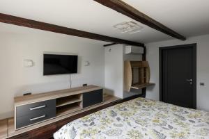 - une chambre avec un lit et une télévision murale dans l'établissement Apart Hotel Fusion, à Tchernivtsi