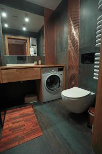 uma casa de banho com uma máquina de lavar roupa e um WC em Shellter Apartament Nadmorski em Rogowo