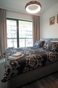 - une chambre avec un lit et une grande fenêtre dans l'établissement Shellter Apartament Nadmorski, à Rogowo