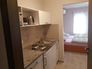 Kuchyň nebo kuchyňský kout v ubytování Flamingó Apartmanház