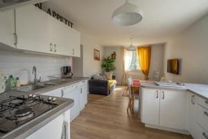 a kitchen with white cabinets and a living room at Etxeko txikia in Anglet