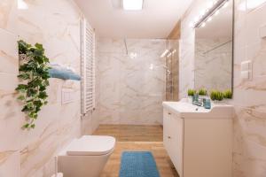 Łazienka z białą toaletą i umywalką w obiekcie Villa Kasztelan w mieście Ustrzyki Dolne