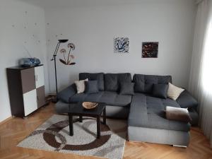 salon z niebieską kanapą i stołem w obiekcie Haus Apricum - schön wohnen & gratis parken w Wiedniu