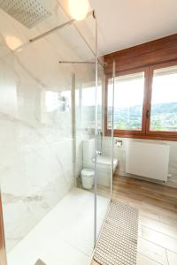 a bathroom with a glass shower and a toilet at Lar de Carmen in Redondela