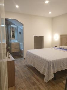 a bedroom with a large bed and a bathroom at Habitacion cerca del Aeropuerto in Coslada