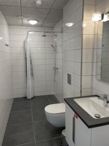 a bathroom with a toilet and a sink and a shower at Tuukkaq Apartments in Nuuk +20 photos