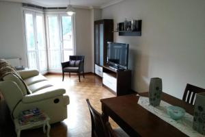 a living room with a couch and a tv and a table at CANGAS DE ONIS LUCY in Cangas de Onís