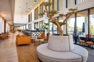 a lobby with a tree in the middle of a building at AP Cabanas Beach & Nature - Adults Friendly in Cabanas de Tavira