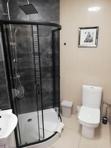 a bathroom with a shower and a toilet and a sink at Great Polonia Wrocław City Center in Wrocław