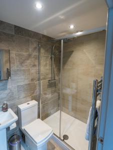 y baño con ducha, aseo y lavamanos. en 1 Bed Studio in Two Dales Near Matlock & Bakewell, en Two Dales