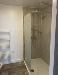 um chuveiro com uma porta de vidro na casa de banho em Lochaber Apartments em Fort William
