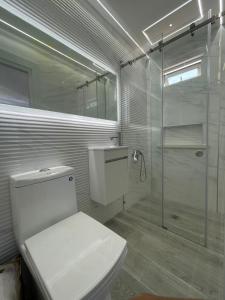 a white bathroom with a shower and a toilet at Alegria Hostal in Santiago de los Caballeros