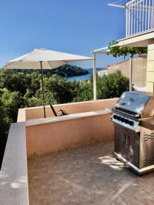 einen Grill und einen Regenschirm auf einer Terrasse in der Unterkunft Apartment Hannah in Brna